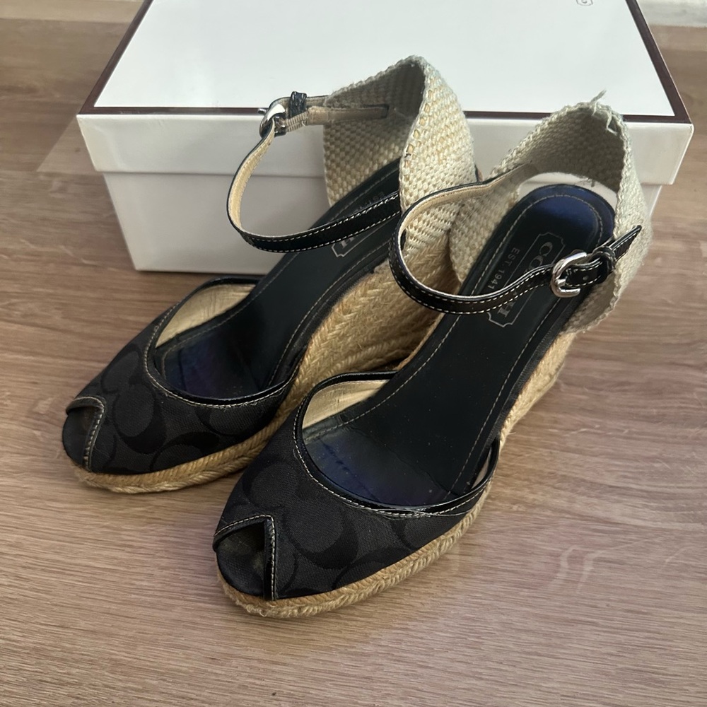Coach Black and Tan Peep-Toe Wedges